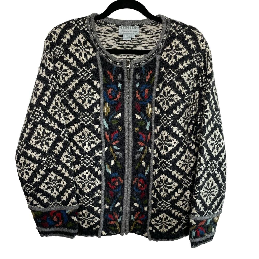 Vtg Nomadic Traders Fair Isle Cardigan Sweater Full Zip Long Sleeve Multicolor L